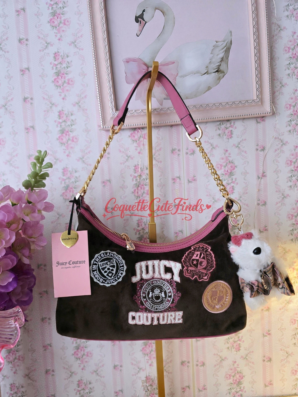 Juicy Couture Pink-Trim Brown Patch Logo Shoulder Bag